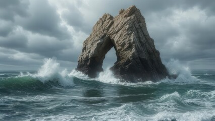 Dramatic arching rock formation in turbulent ocean waters under a stormy sky