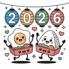 Happy 2026 new year with cute food characters lantern decorations and hearts