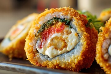 Close-up of crispy fried sushi roll with shrimp and rice