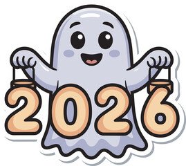 Happy cute ghost character holding two numbers twenty twenty six welcome new year celebration concept
