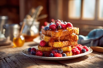 Cozy farmhouse setting with berry pancakes and morning tea