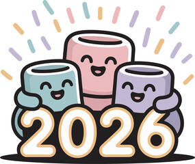 Happy marshmallow characters hugging numeral twenty twenty six for holiday greeting