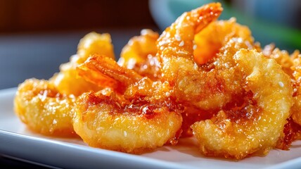 Golden brown shrimp tempura on serving plate