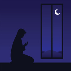 Silhouette of Muslim Woman Praying at Night by Window with Crescent Moon