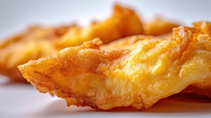 Macro view of flaky fried fish with golden crust