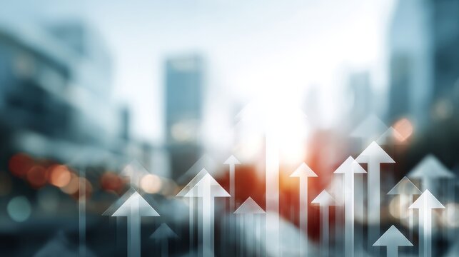 Abstract business growth concept with upward arrows over blurred city skyline representing financial success, corporate progress, investment opportunities, and strategic development - Powered by Adobe