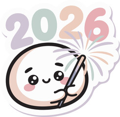 Happy new year 2026 sticker with cute character holding sparkler on white background