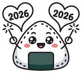 Happy onigiri rice ball character holding sparklers for year two thousand twenty six