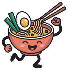 Happy ramen bowl character with chopsticks and egg, running with noodles