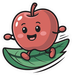 Happy red apple character surfing on green leaf sticker vector flat cartoon design