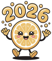 Happy smiling orange fruit character with kawaii eyes celebrating new year 2026