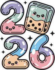 Kawaii 2026 numbers made of bubble tea drink elements happy celebration