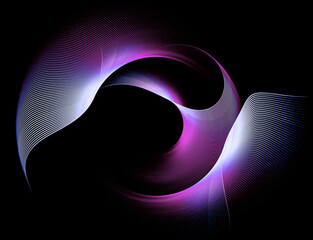 Wavy striped lilac planes are layered to create a three-dimensional abstract shape against a black background. Icon, logo, symbol, sign. 3D rendering. 3D illustration.
