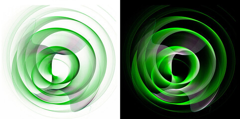 Green striped volumetric spirals unwind on black and white backgrounds. Set. Icon, logo, symbol, sign. 3D rendering. 3D illustration.