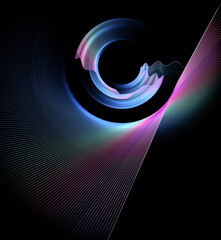 Abstract striped propeller with rainbow curved blades spins on a black background. Icon, logo, symbol, sign. 3D rendering. 3D illustration.