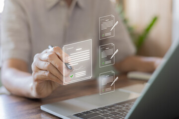 Businessman hand using stylus pen signing digital electronic signature on virtual screen. Concept of paperless workflow, e-signing contract agreement, and smart business document technology.