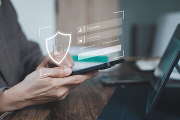 Businessman using smartphone for cybersecurity login with virtual shield icon. Cyber security, data protection and private network authentication concept. Secure personal access and identity safety.