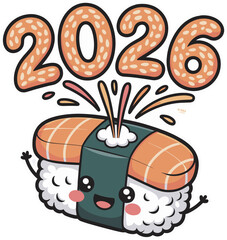 Kawaii sushi nigiri character celebrating 2026 new year with festive topping