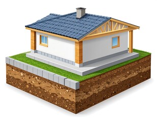 Isometric view shows a modern house resting on a grassy platform atop soil layers. Details include roof, chimney, windows, and foundation