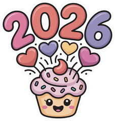 New year 2026 cartoon cupcake sticker design with hearts and sweet smiling face