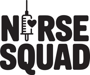 Nurse squad black typography design with syringe and heart icon on transparent background