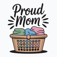 Proud mom with laundry basket full of clean clothes illustration vector
