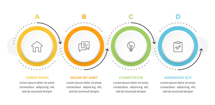 Horizontal infographic template showing four connected circles with icons