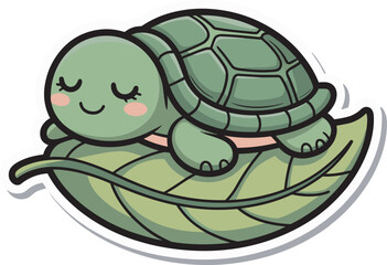 Sleeping baby turtle sticker resting on large green leaf peaceful nature illustration