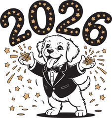 Smiling puppy dog in suit throwing gold stars celebrating year two thousand twenty six