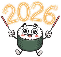 Sushi roll character holding sparklers with year 2026 banner celebration