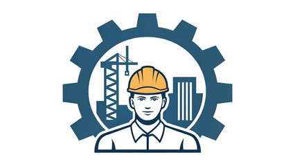 Construction worker in hard hat with cityscape and gear