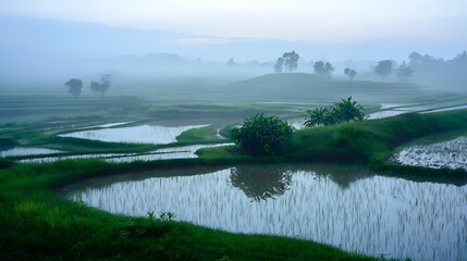 Tranquil morning fog covers stepped rice paddies reflection water landscape