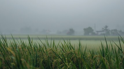 Moody atmospheric rice field landscape with dew drops and dense fog