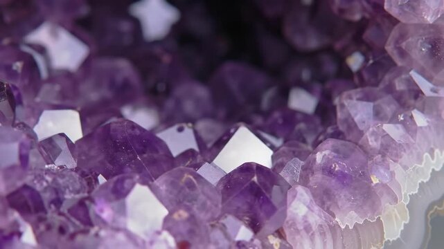 Close-up view of intricate amethyst crystals, showcasing their vibrant purple hues and geometric shapes.