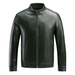 Dark Green Leather Jacket with Zipper clothing fashion isolated on a transparent background