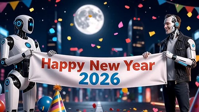  happy new year 2026 AI technology symbols artificial intelligence sign robotic concept 