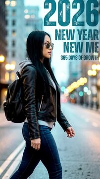 young woman walking in a city street with 2026 new year new me 365 days of growth 