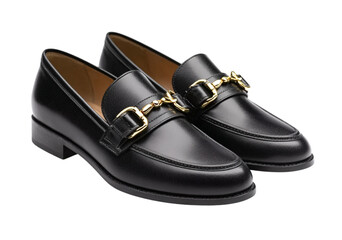 Elegant black leather loafers with gold chain accent isolated on a transparent background