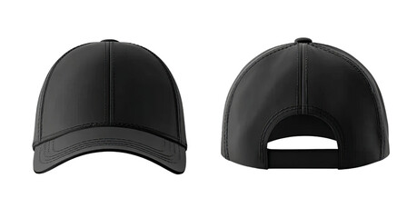Front and Back View of a Black Baseball Cap headwear isolated on a transparent background