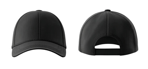 Front and Back View of a Black Baseball Cap headwear isolated on a transparent background