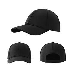Three Views of a Black Baseball Cap Keywords: baseball cap, headwear, accessory, black, fabric isolated on a transparent background