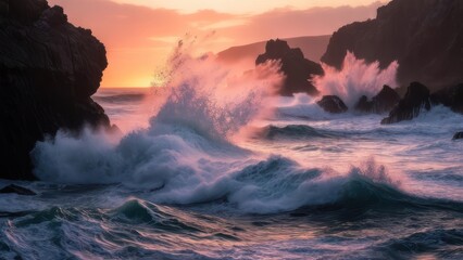 Dramatic sunset over crashing waves