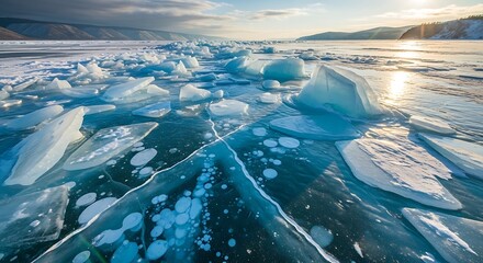 Frozen Lake Baikal - Ice Formations and Winter Landscape.