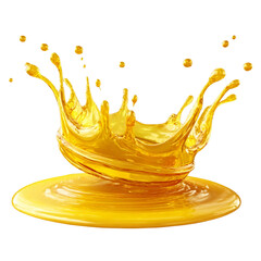 Golden liquid splash crown with droplets isolated on a transparent background