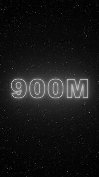 White neon 900 M sign glowing against a dark starry night sky background 900M nine hundred million