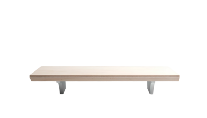 Floating shelf with metallic supports against black. Rectangular wood surface, smooth edges, simple design. Modern, minimalist aesthetic