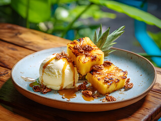 Ice cream dessert with grill pine-apple on plate.