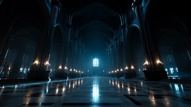 Strong light comes through tall windows in a historic building. The shadows create a striking atmosphere on the floor. There is a sense of depth and space in the interior