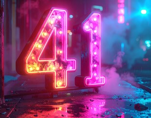 Neon lit numbers 41 glow amidst vibrant vapor