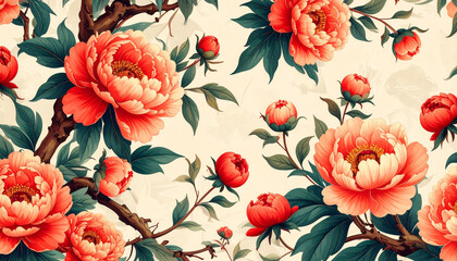 Decorative floral pattern with large blooming peonies in warm coral and red hues. Dark branches and green leaves create a rich textile design. Elegant botanical art for backgrounds